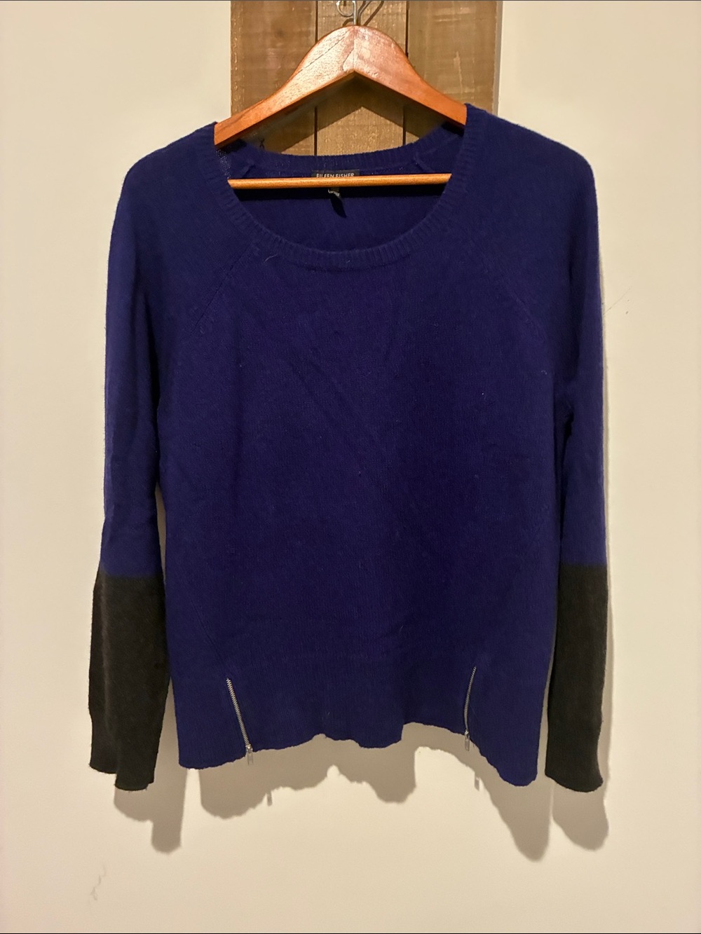 Eileen Fisher Navy Crewneck Sweater with Black Sleeve Panels